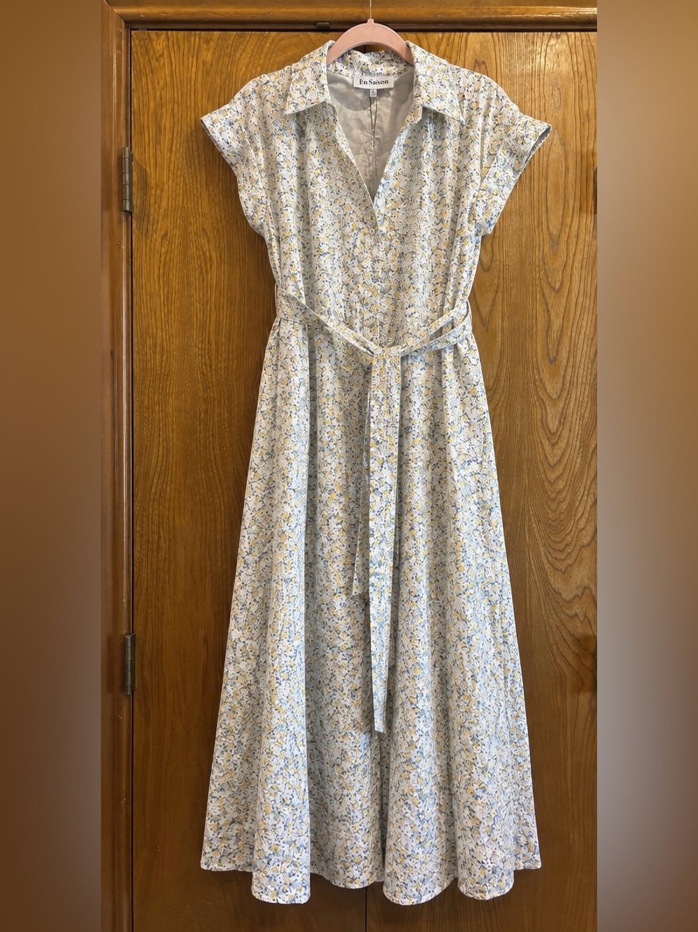 NWT En Saison Floral Midi Dress Blue Yellow Ivory Belted Shirt Dress L